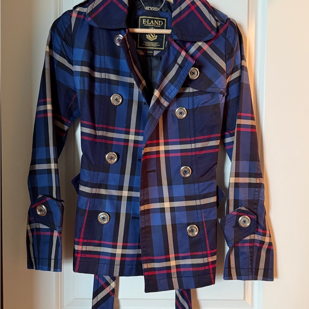 Elan Blue and Red Trench Coat with Plaid Pattern